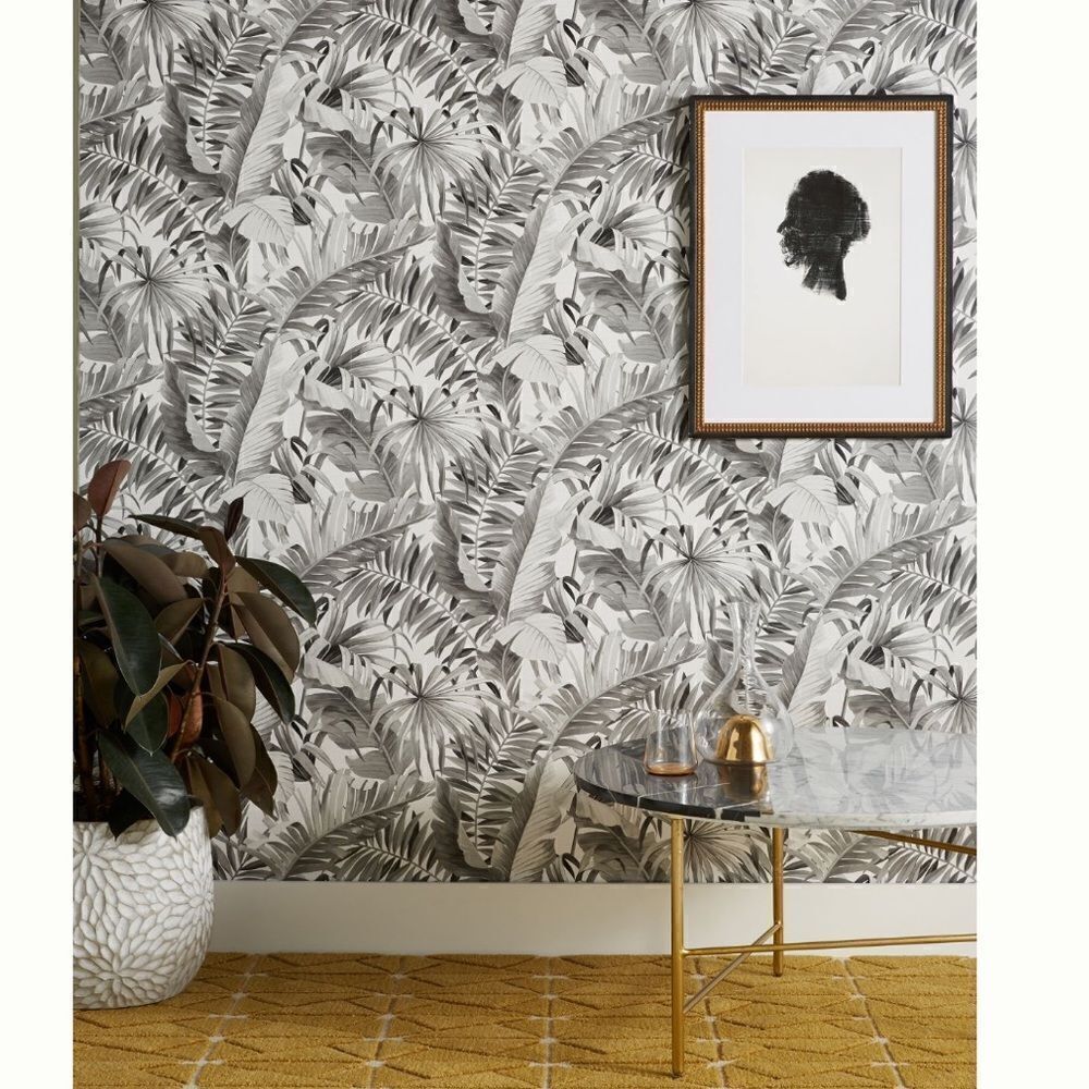 Anthropologie Alfresco Wallpaper Roll Black & White Palm Leaves New